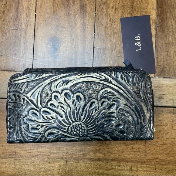 L&B Black & Gold tooled crossbody strap wallet - Picture 3 of 9
